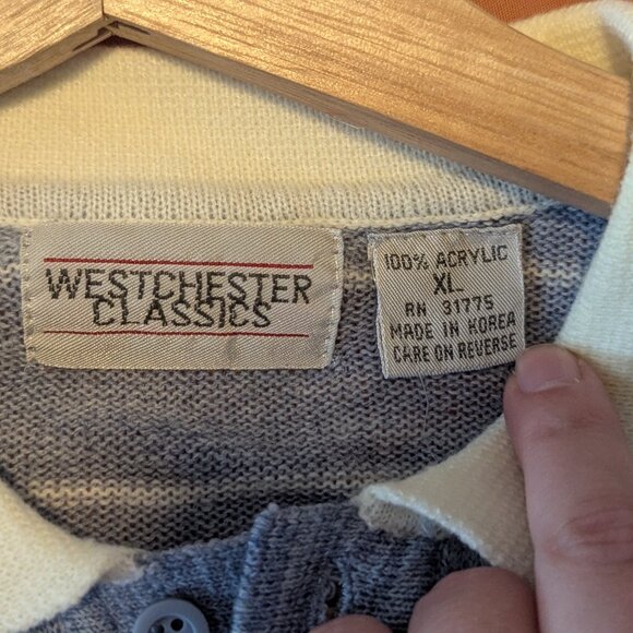 80s Large Baby Blue white striped long sleeved Henley shirt - Picture 3 of 4